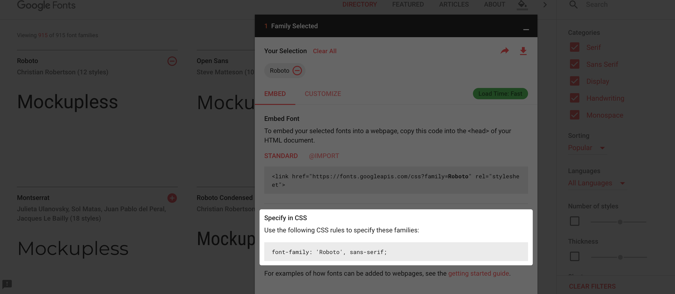 Google Fonts website screenshot, Import menu expanded, focus on Specify in CSS section