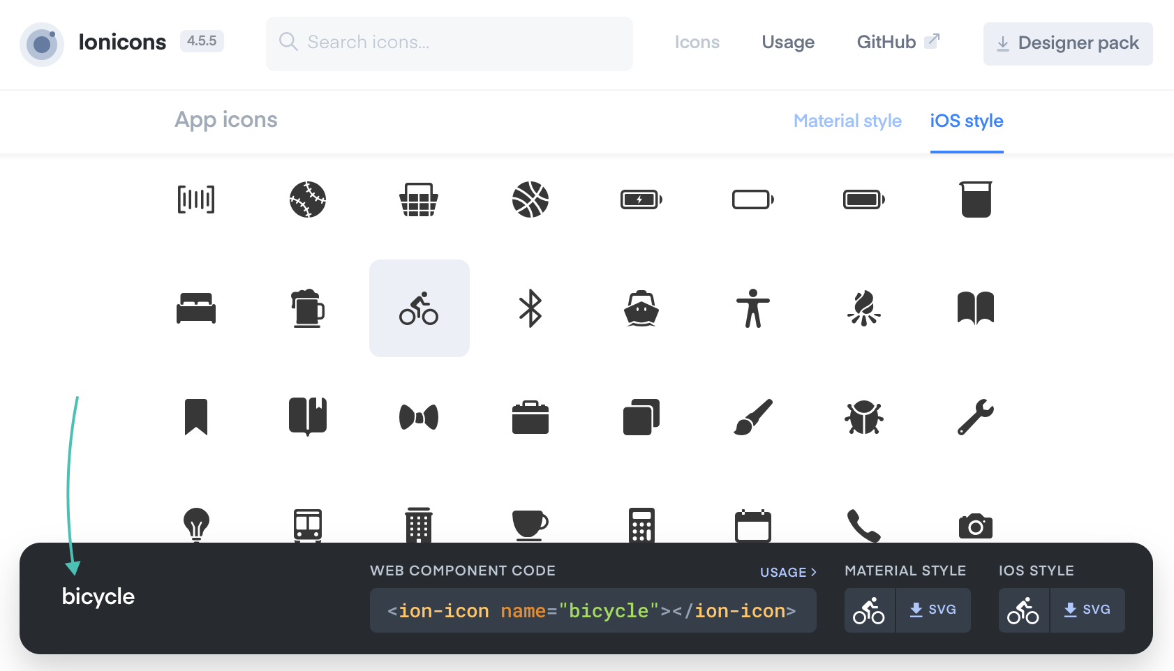screenshot of Ionicons website UI with an icon selected
