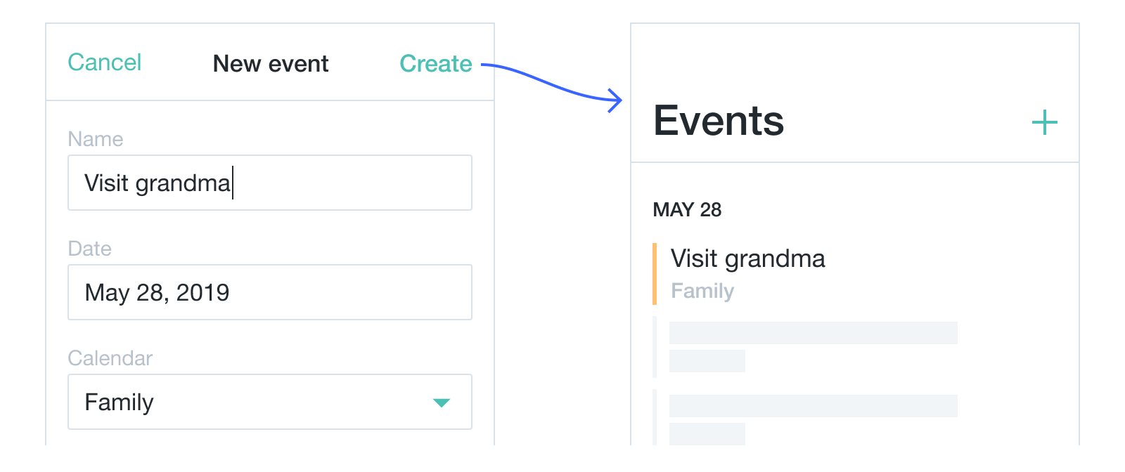 wireframes of event creation view and events list populated with created event